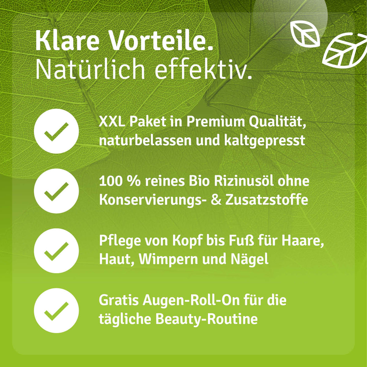 Infografik zum Casida Bio Rizinusöl XXL Set mit Übersicht der Pflegeanwendungen und Augen Roll-On