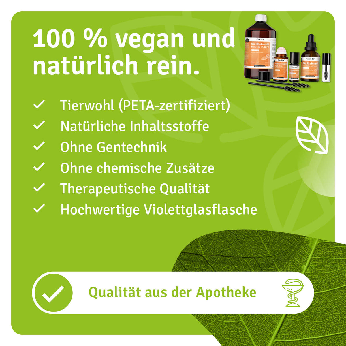 Infografik zum Casida Bio Rizinusöl XXL Set mit Angaben zu Inhaltsstoffen und PETA-Zertifizierung