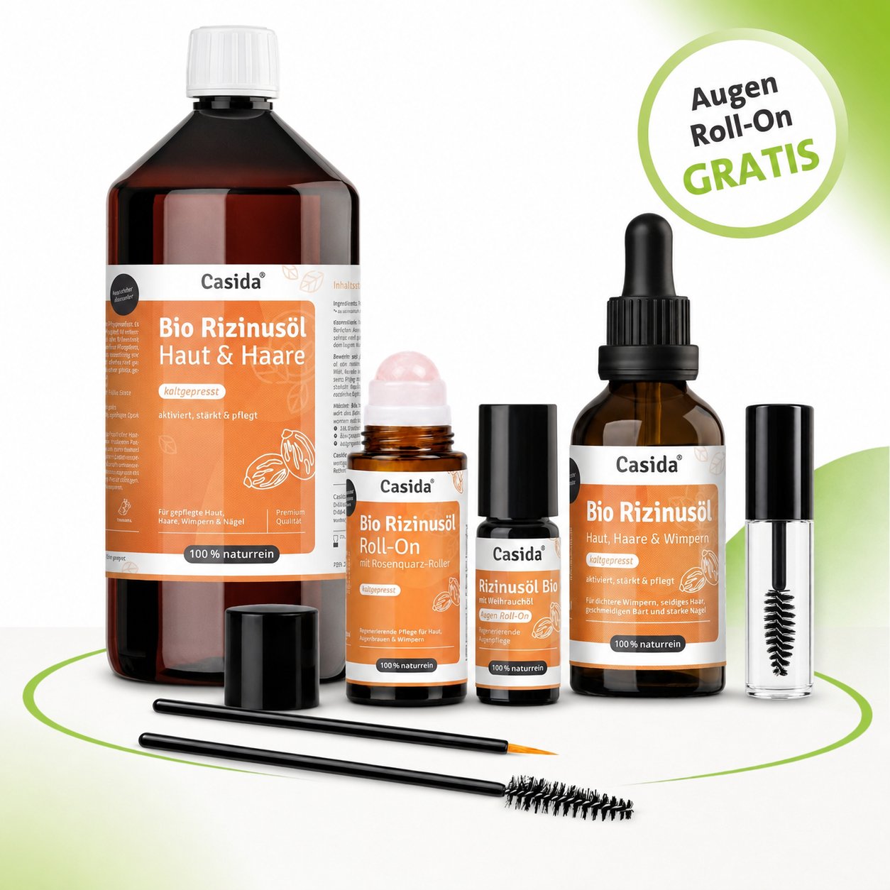 Casida Bio Rizinusöl XXL Set mit großer Flasche, Pipettenflasche, zwei Roll-Ons und Pflegezubehör