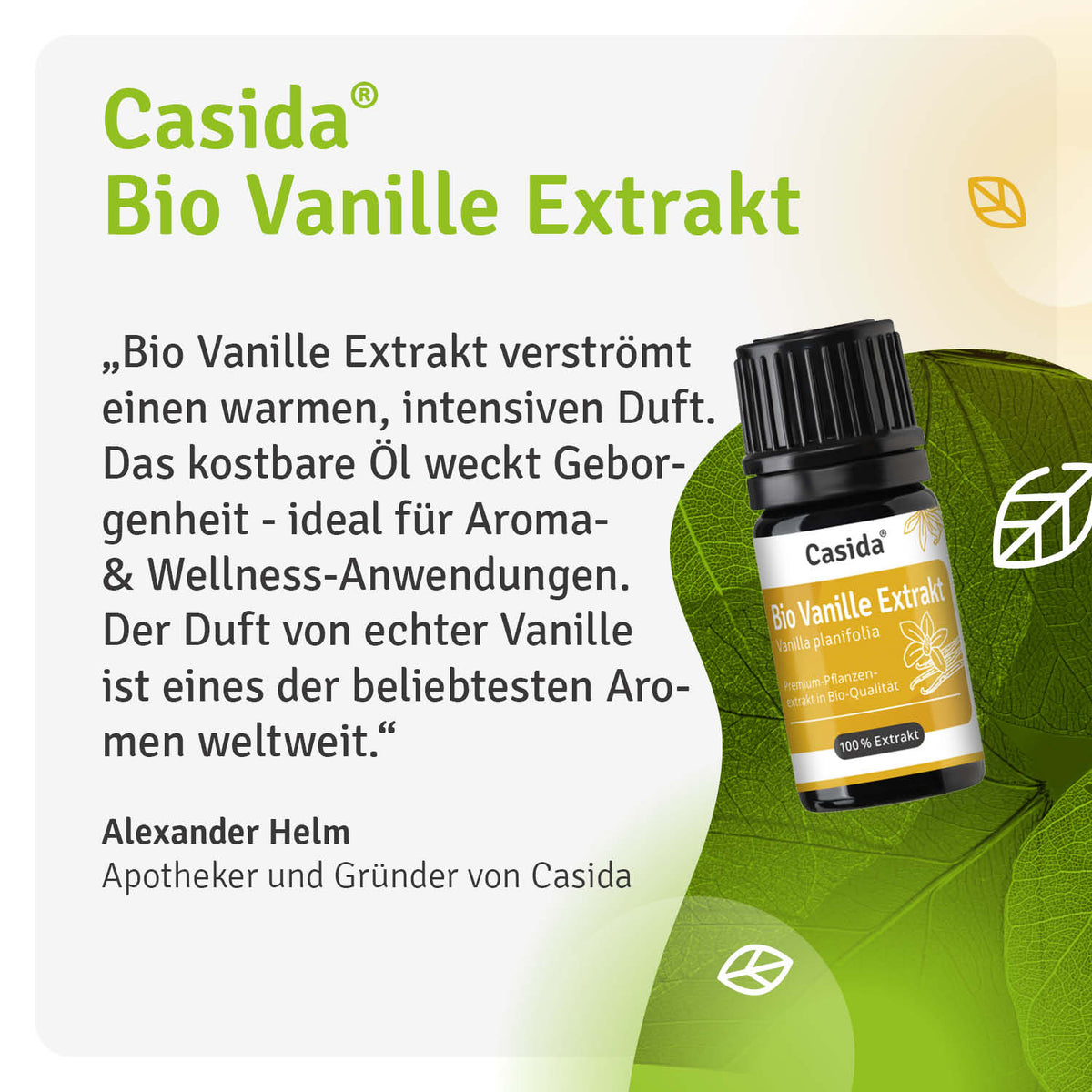 Casida Bio Vanille Extrakt bottle with a black cap, featuring a green label and white text, placed on a light background.