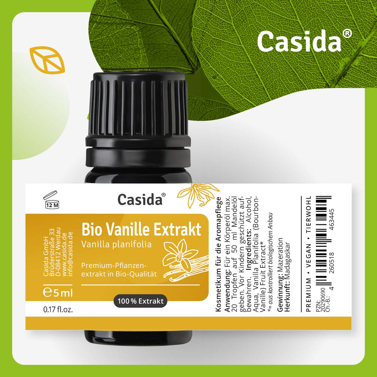 Bio Vanille Extrakt by Casida in a 5ml bottle with a white label and black cap, featuring floral illustrations.