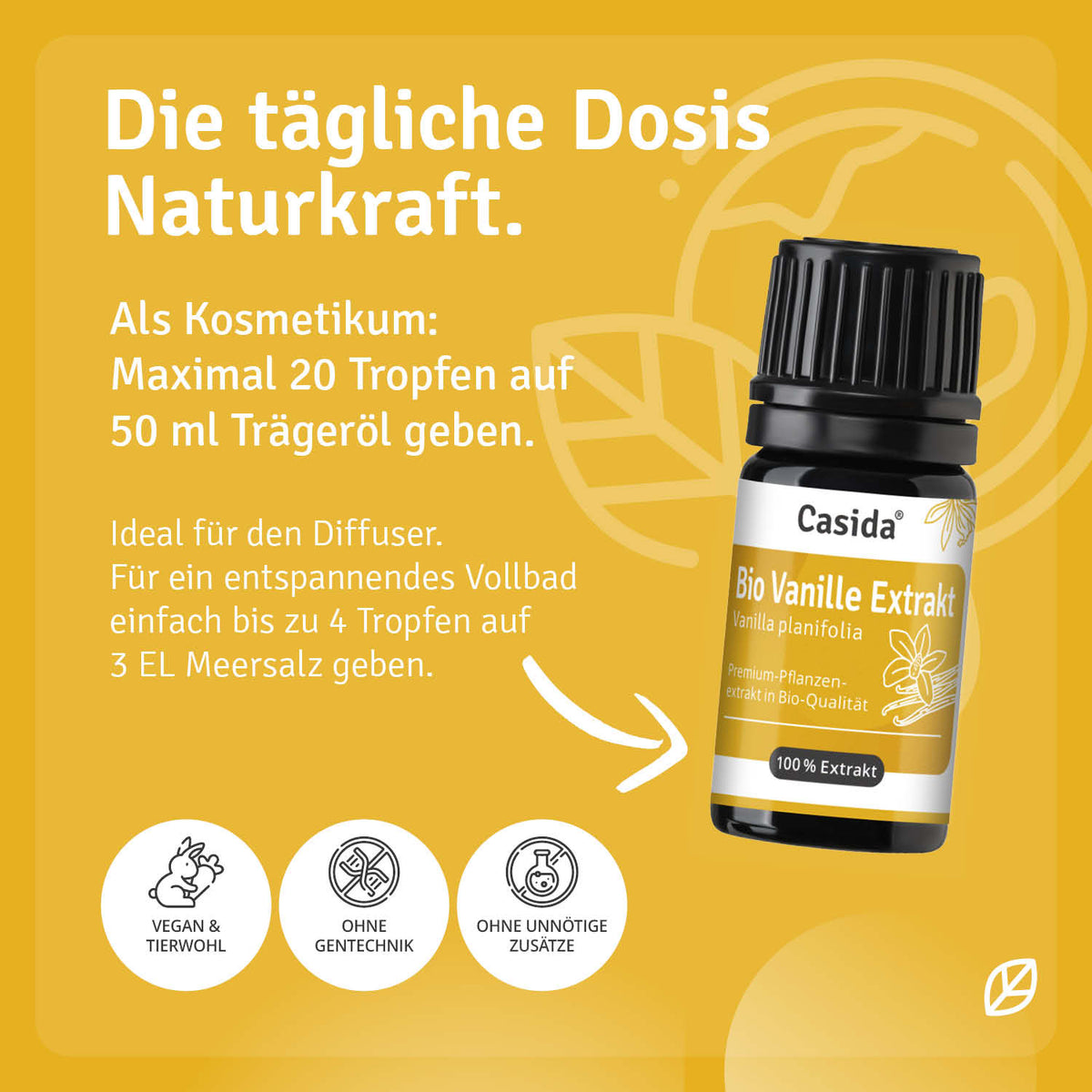 Bio Vanille Extrakt bottle with a black cap, featuring a label with green and white text on a yellow background.