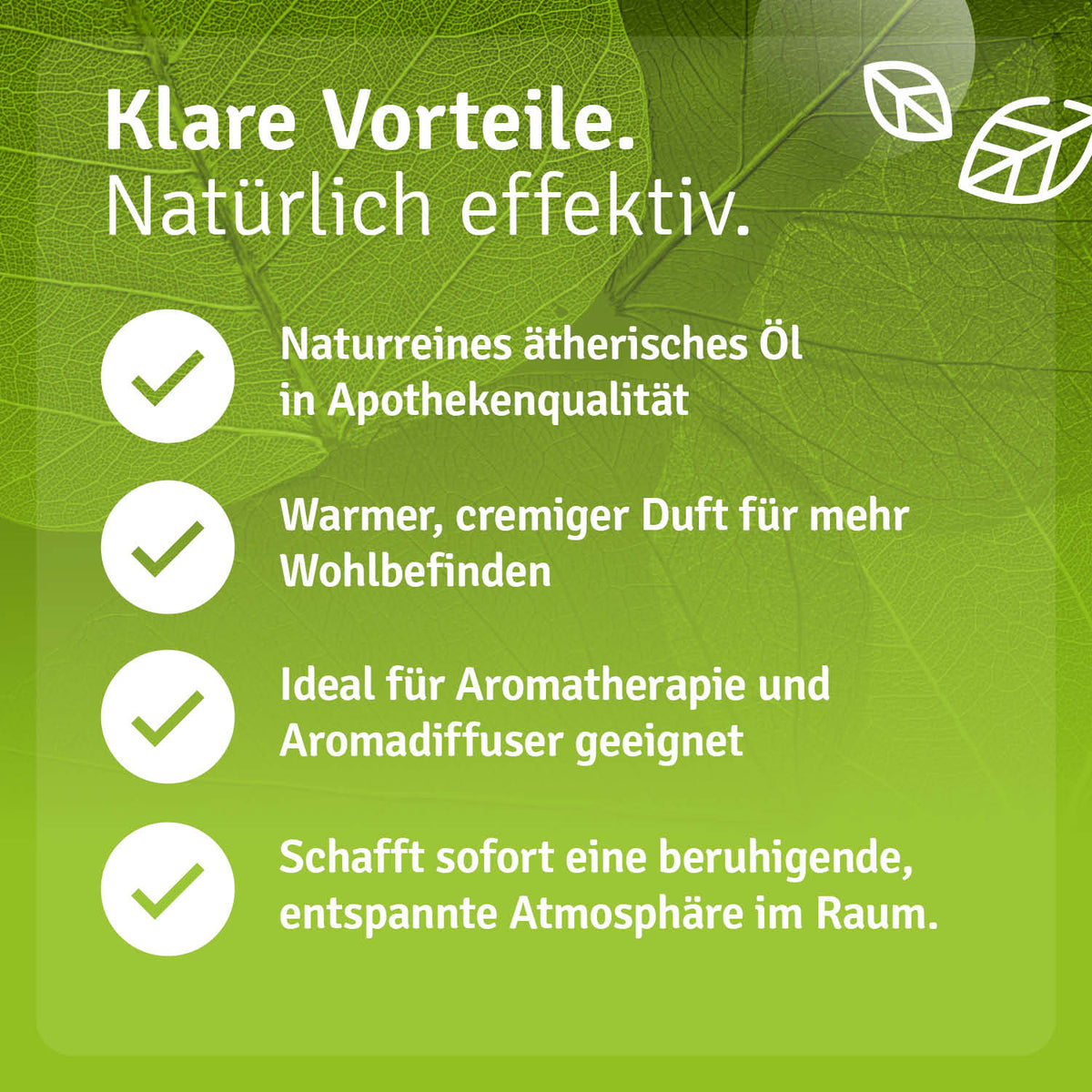 Bio vanille extrakt in a green background with text highlighting its benefits for aromatherapy and air diffusion.