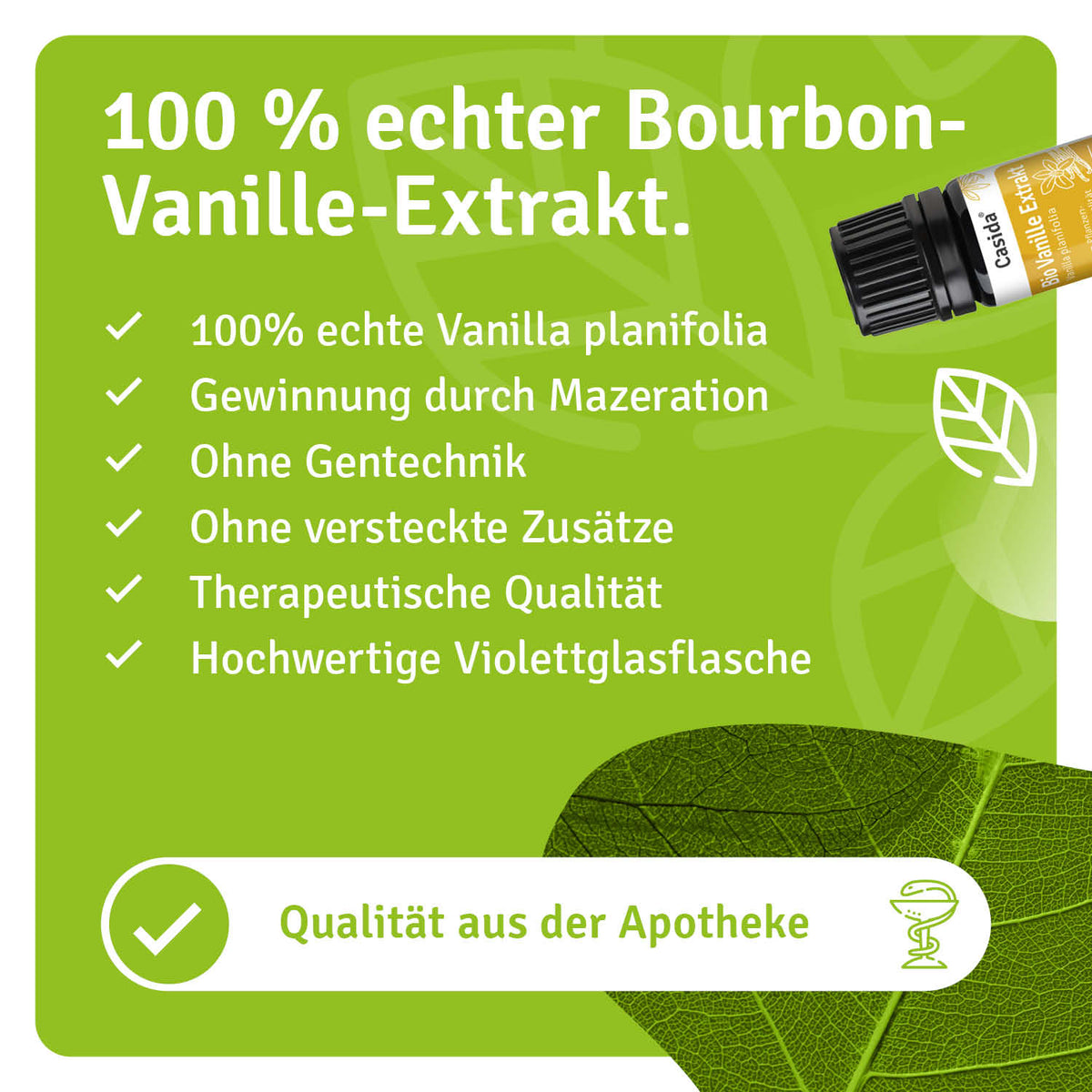 Bio vanille extrakt in a violet glass bottle with text highlighting its purity and therapeutic quality.