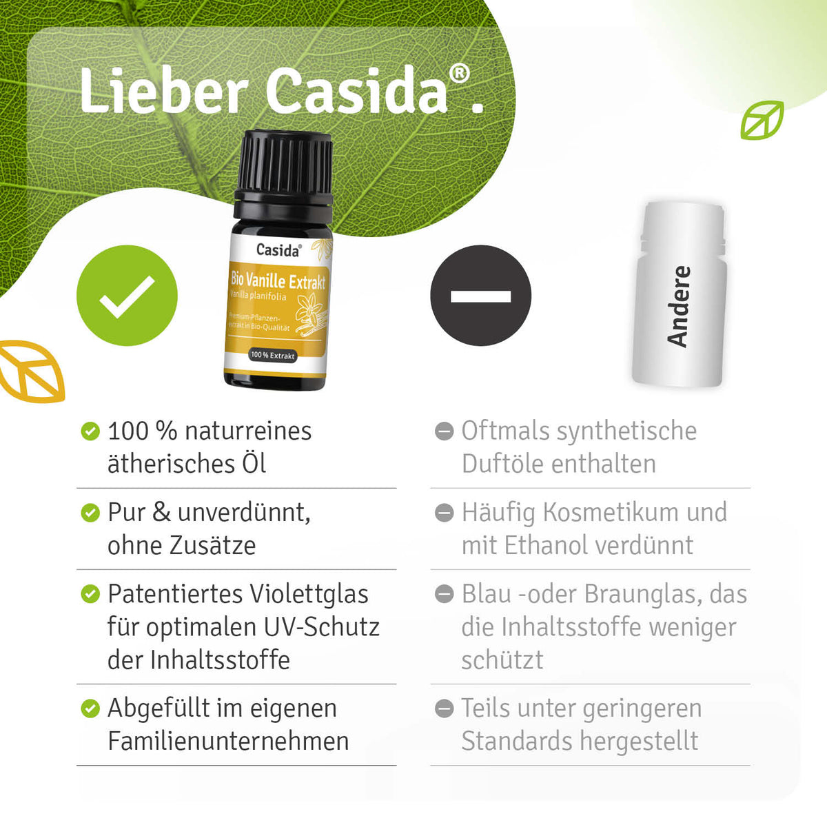 Bio Vanille Extrakt in einem braunen Glasfläschchen mit gelbem Etikett, umgeben von grünen Blättern.