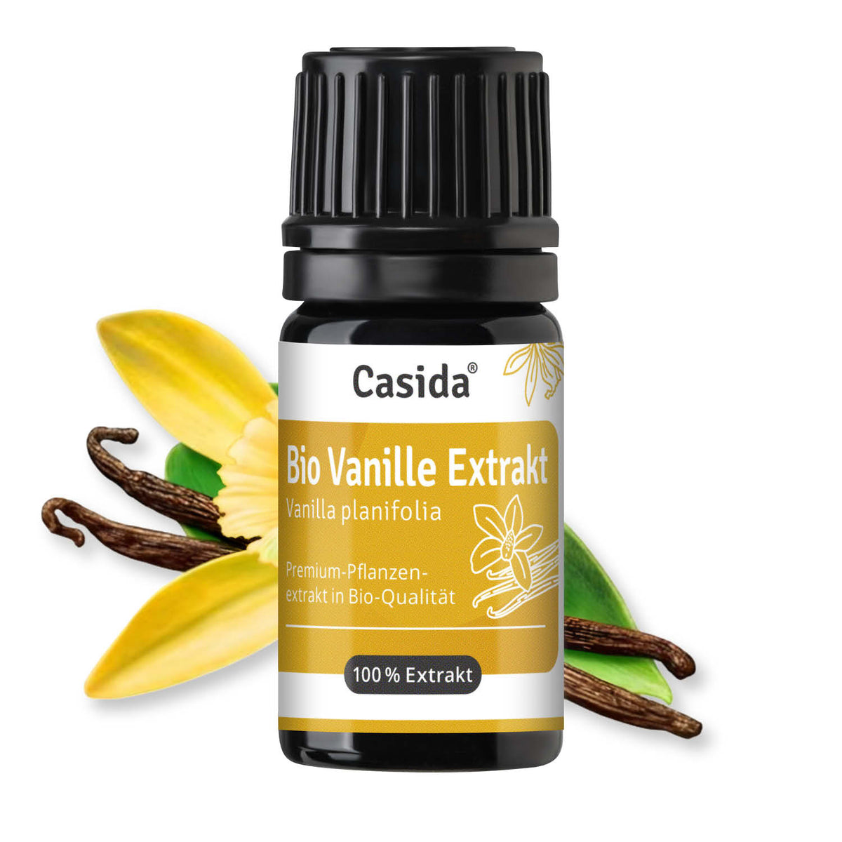 Bio Vanille Extrakt by Casida in a black bottle with yellow label, surrounded by vanilla pods and flowers.