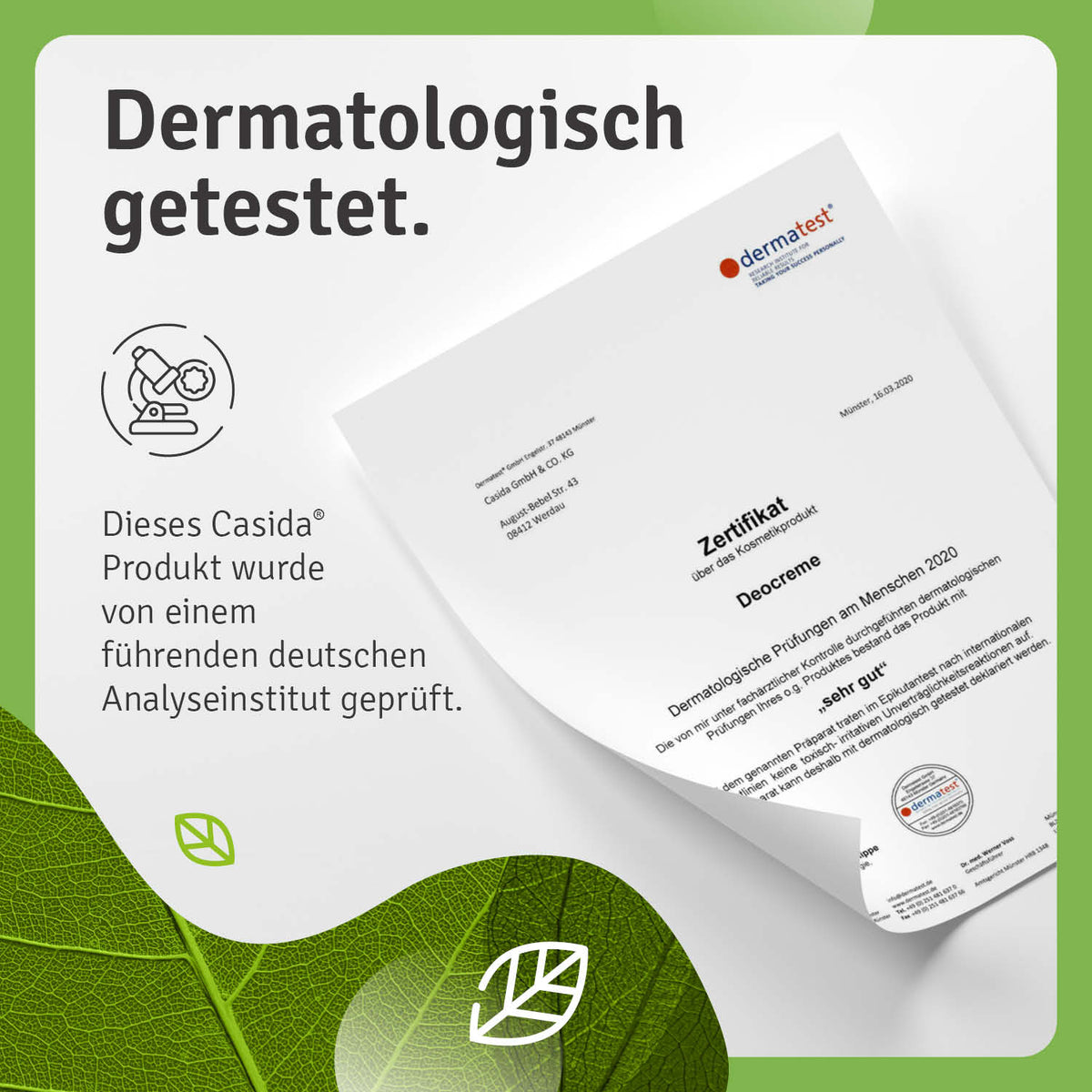 Casida Geschenkbox: Fühl Dich Wohl-Box with a dermatological test certificate and green leaf background.