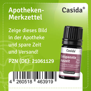 Apotheken-Merkzettel für Casida Entspannte Auszeit mit Produktflasche, PZN 21061129 und Barcode