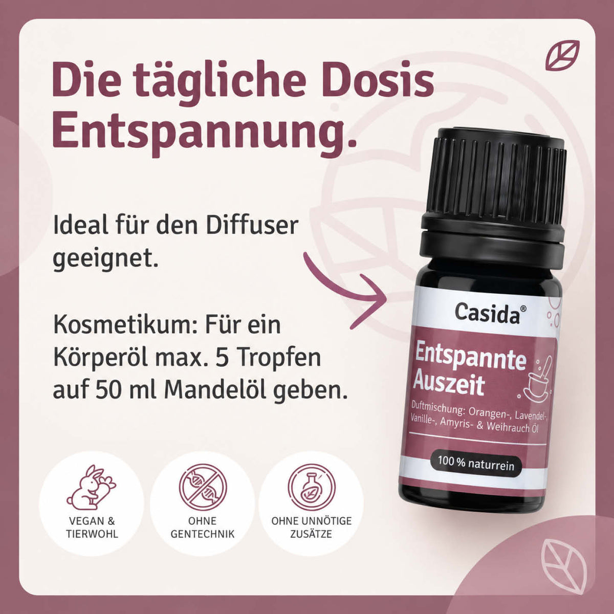 Anwendungshinweise für Casida Entspannte Auszeit im Diffuser und verdünnt in Mandelöl