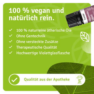 Grüne Infografik zu Casida Entspannte Auszeit mit Angaben zu Inhaltsstoffen und Violettglasflasche