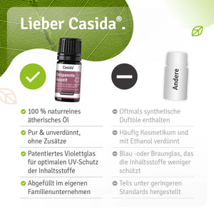 Vergleichsgrafik zu Casida Entspannte Auszeit mit Angaben zu Inhaltsstoffen, Glasflasche und Abfüllung