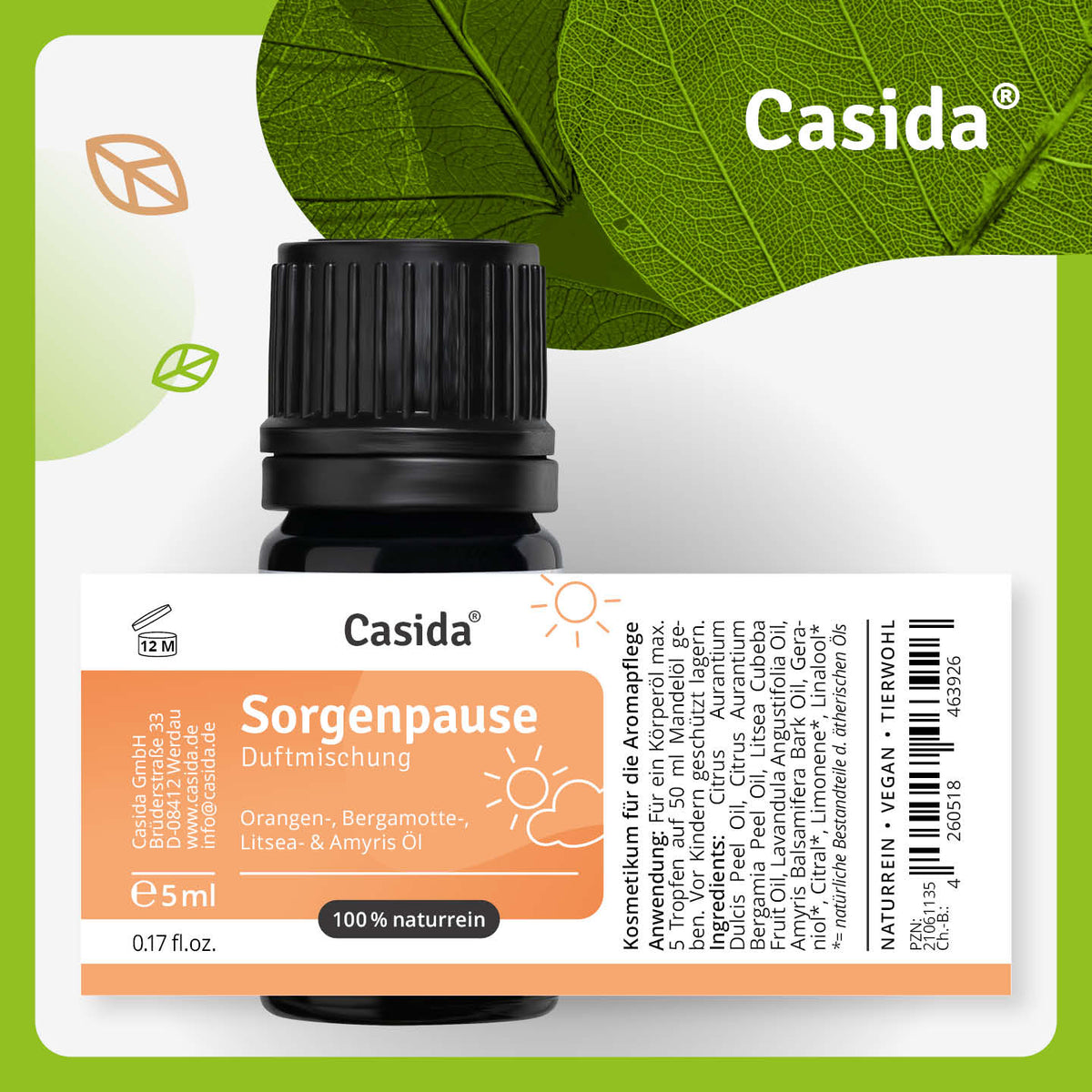Casida Duftmischung Sorgenpause mit Flasche und vergrößerter Ansicht des Produktetiketts