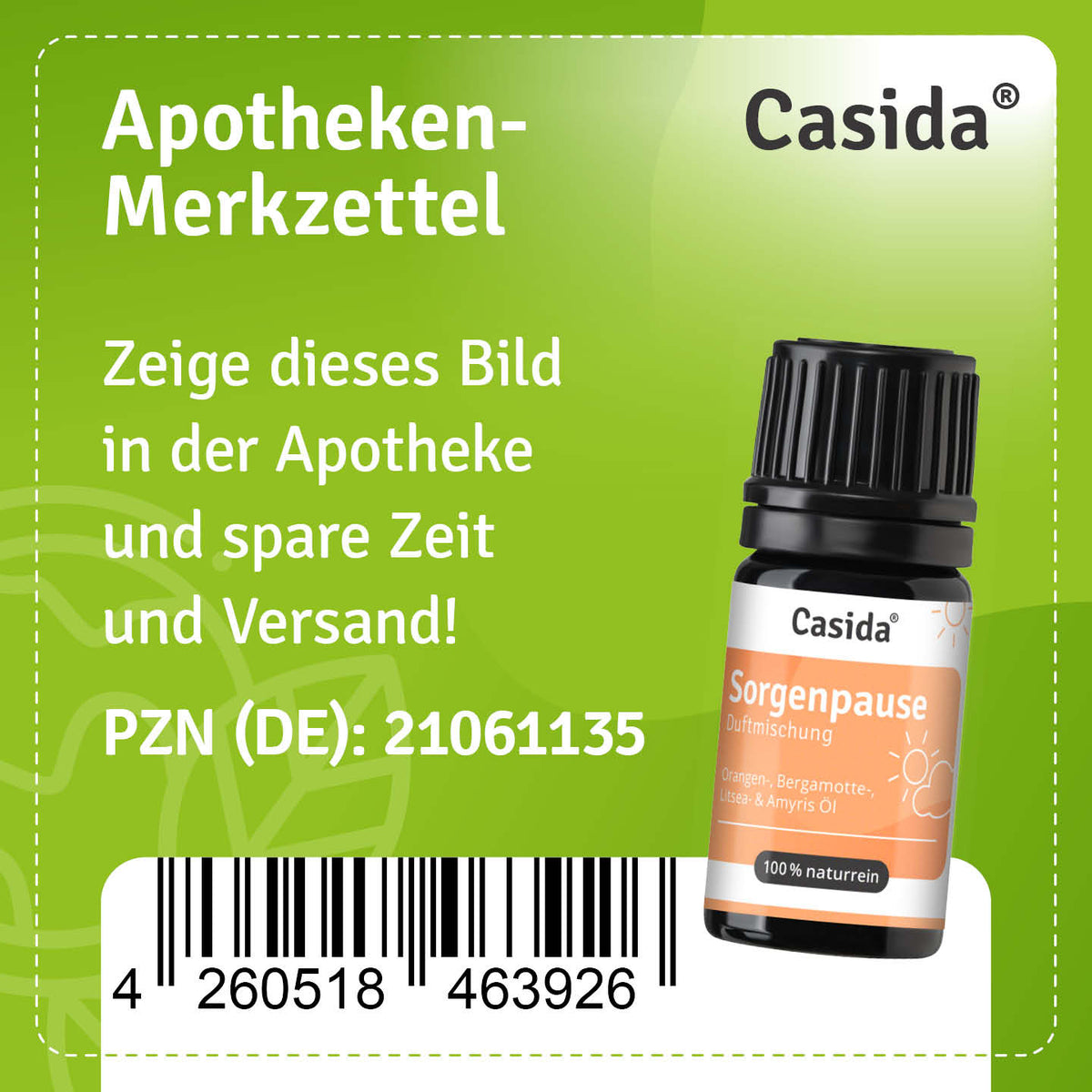 Apotheken-Merkzettel für Casida Sorgenpause mit Produktflasche, PZN 21061135 und Barcode