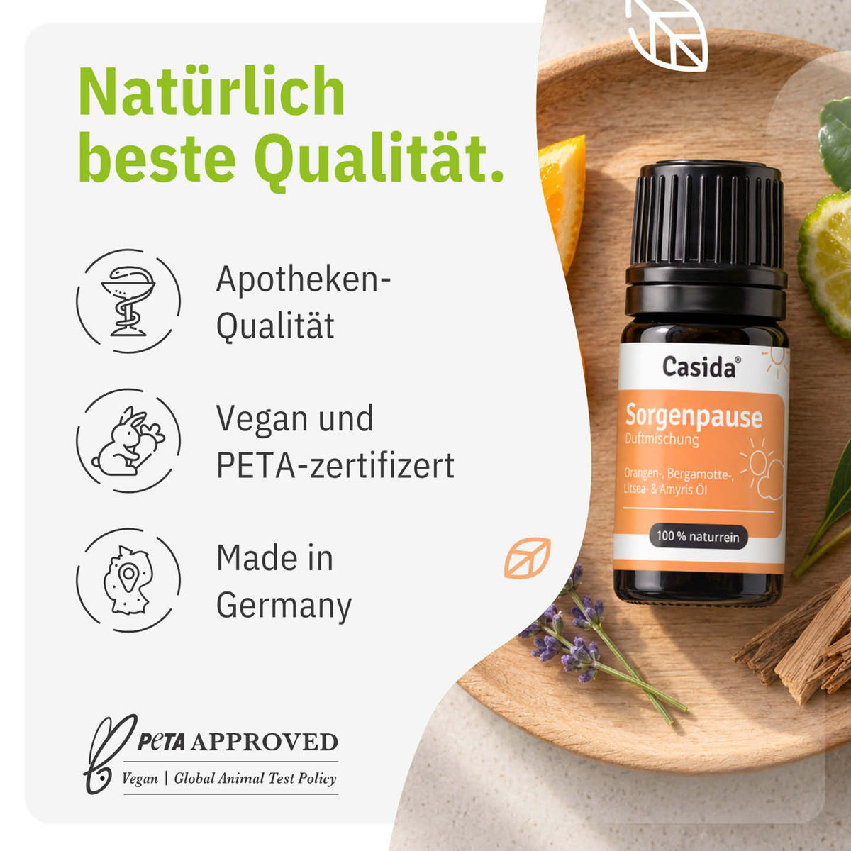 Infografik zu Casida Sorgenpause mit Produktflasche auf Holzschale und Angaben zur Produktqualität