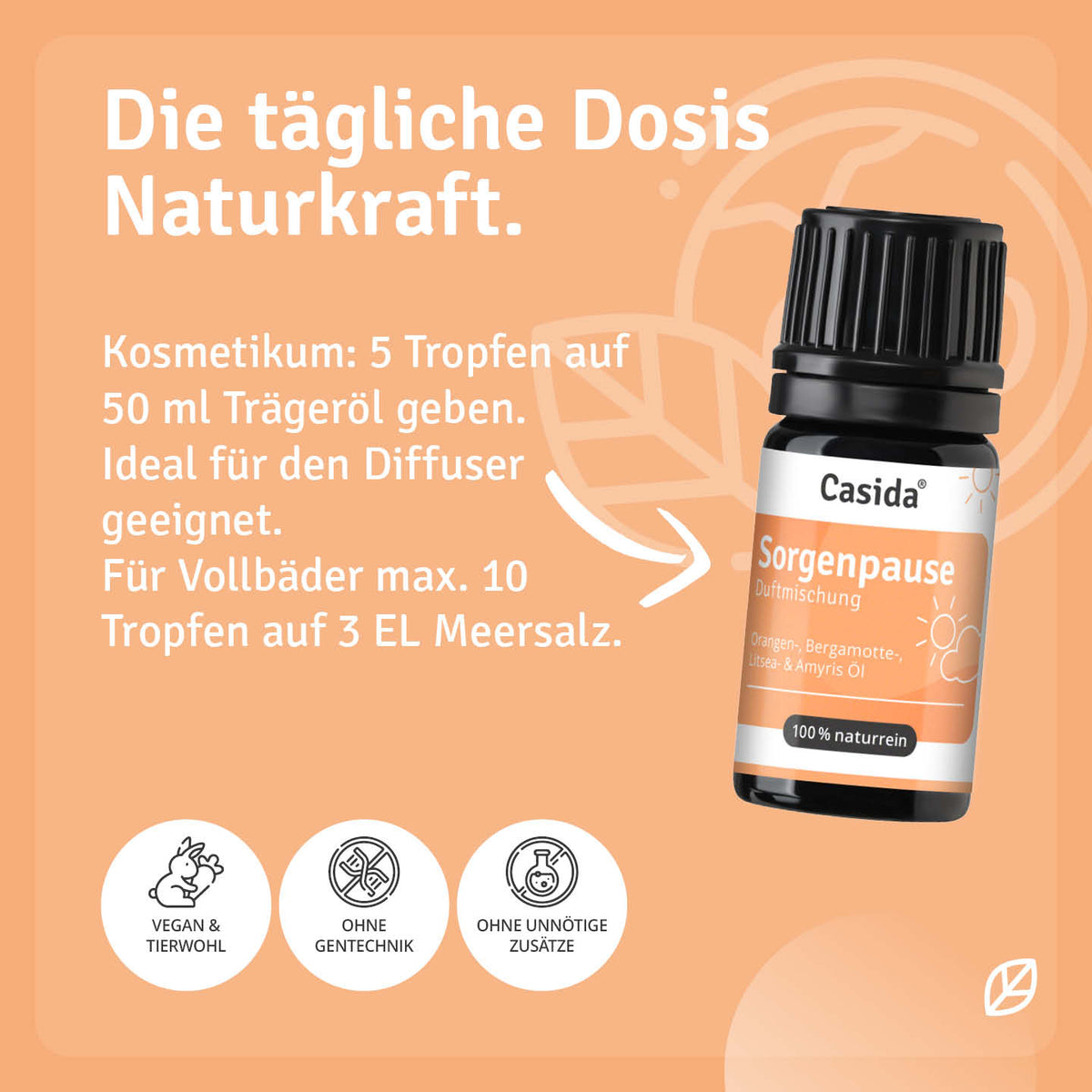 Anwendungshinweise für Casida Sorgenpause im Diffuser, verdünnt in Trägeröl und als Badezusatz