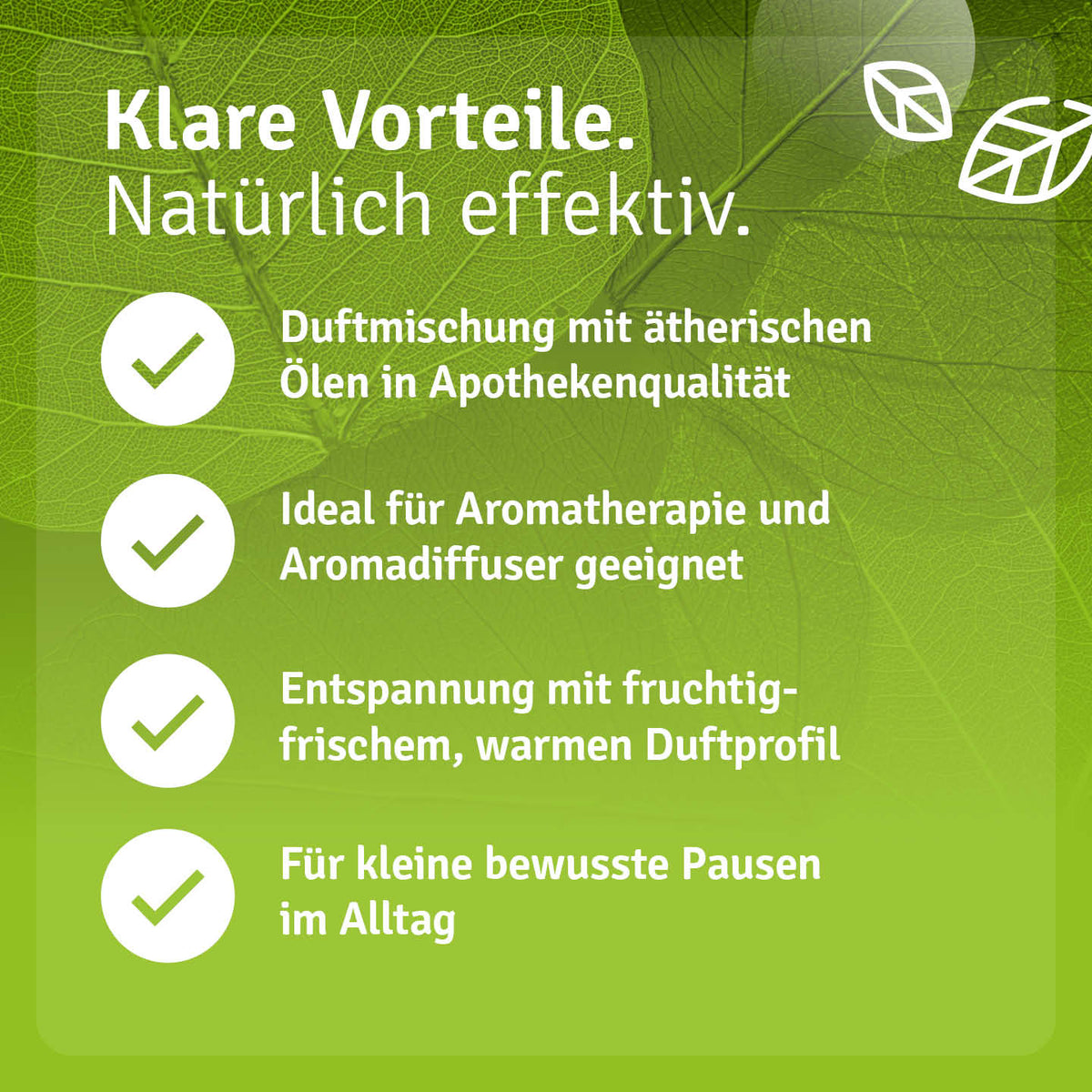 Grüne Infografik zum Duftprofil und zur Verwendung der Casida Duftmischung Sorgenpause