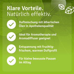Grüne Infografik zum Duftprofil und zur Verwendung der Casida Duftmischung Sorgenpause