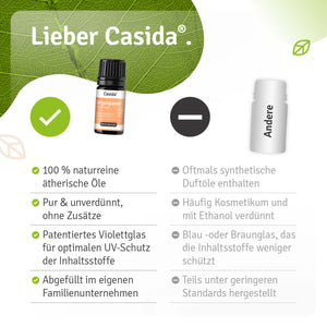 Vergleichsgrafik zu Casida Sorgenpause mit Angaben zu Inhaltsstoffen, Glasflasche und Abfüllung