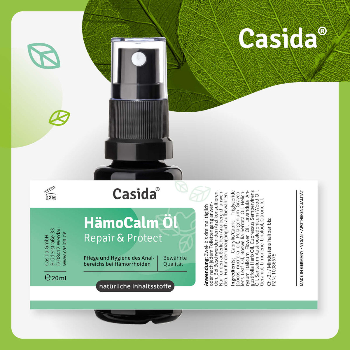 HämoCalm Öl Spray bei Afterjucken Etikett