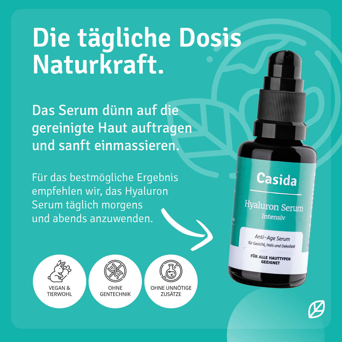Casida Hyaluron Serum Intensiv in a black spray bottle with green background, labeled for daily use on skin.