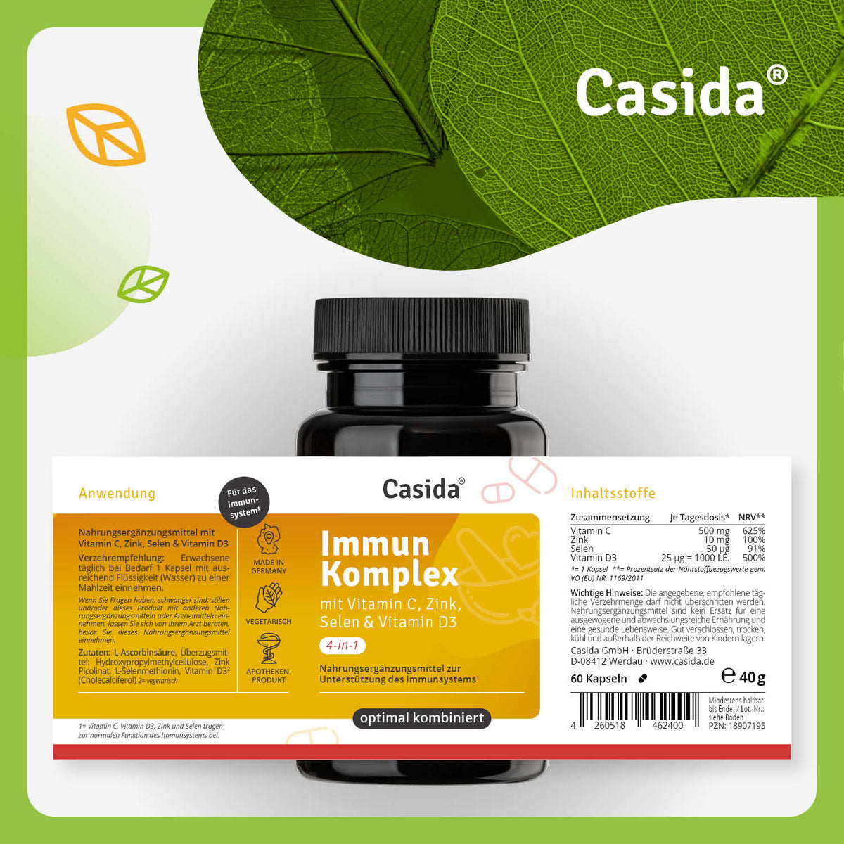 Immun Komplex mit Vitamin C, Zink, Selen und Vitamin D3 Etikett