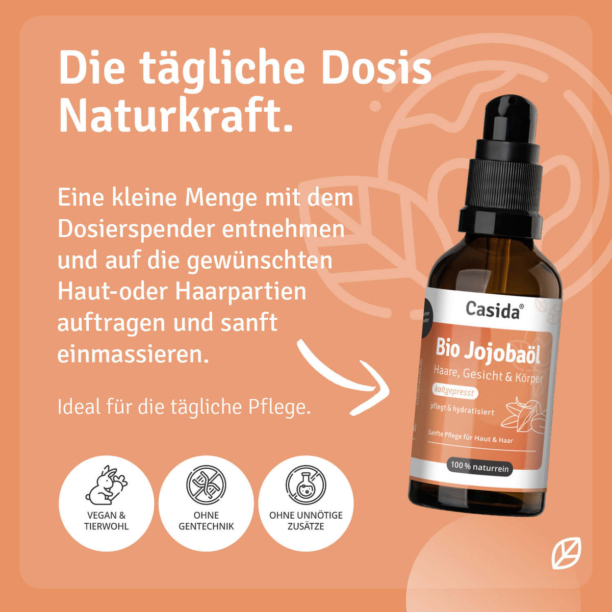 Casida wellness set featuring a bottle of bio jojoba oil with a dropper, labeled for hair and skin care.
