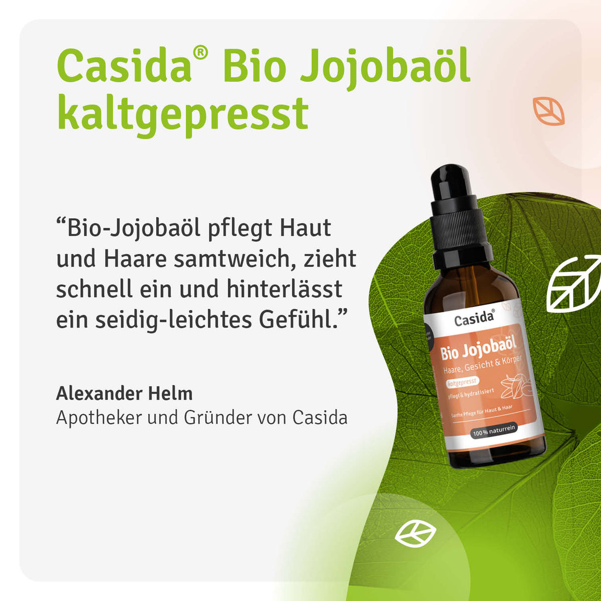 Casida bio jojoba oil in a dark glass bottle with a dropper, labeled for hair, face, and body care.