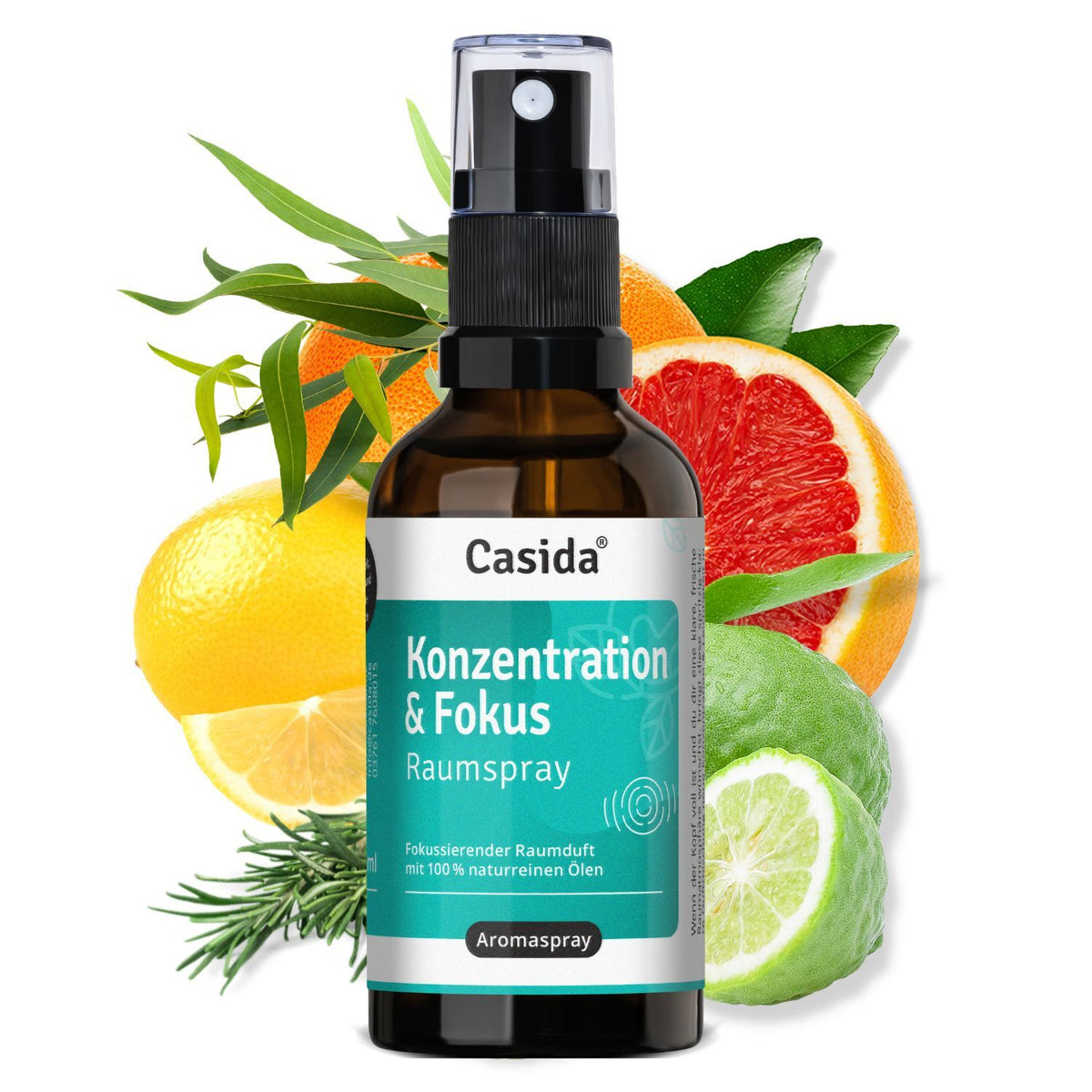 Casida Konzentration & Fokus Raumspray vor Zitrusfrüchten und Rosmarinzweigen