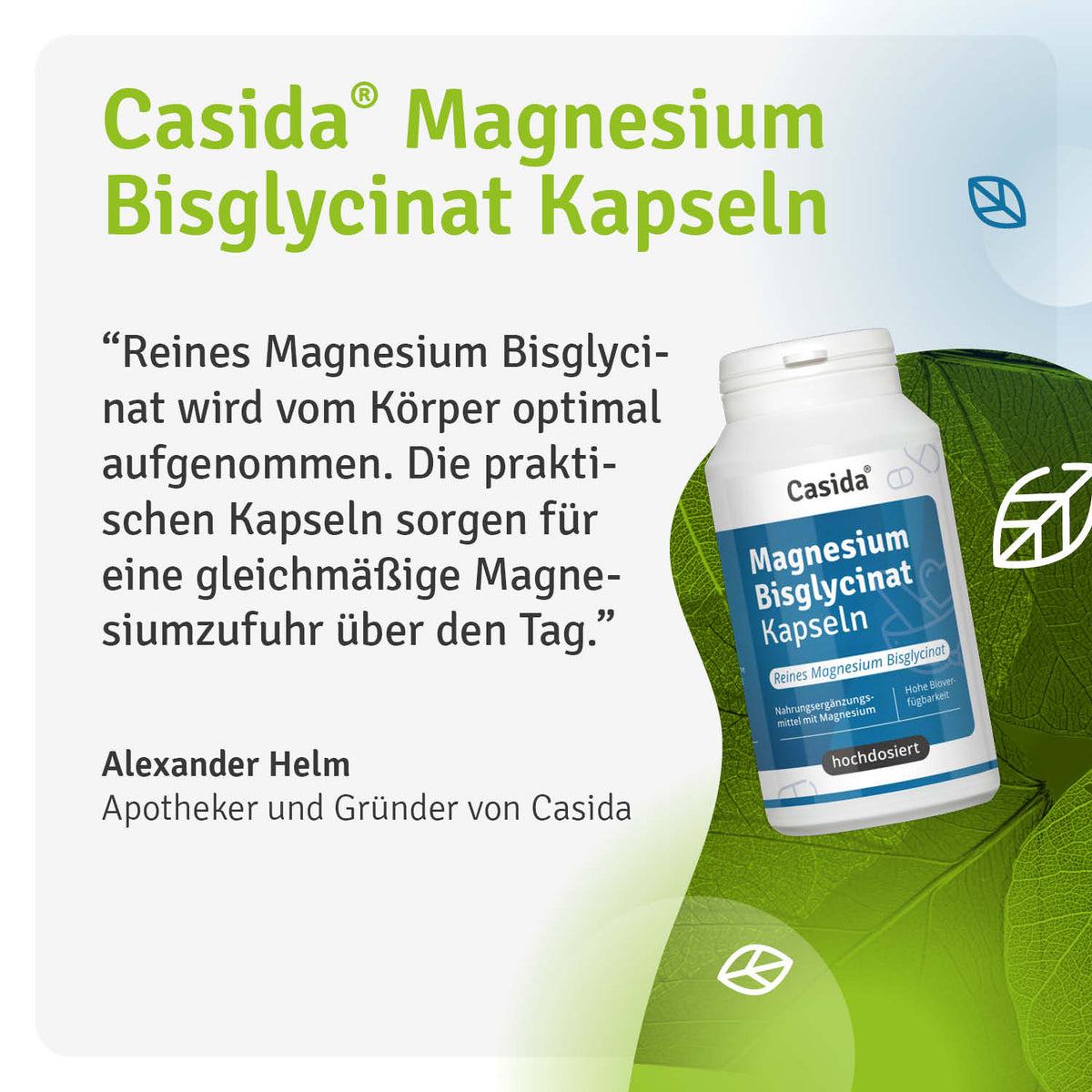 Casida magnesium bisglycinate capsules in a white bottle with green accents, featuring a leaf design and text details.
