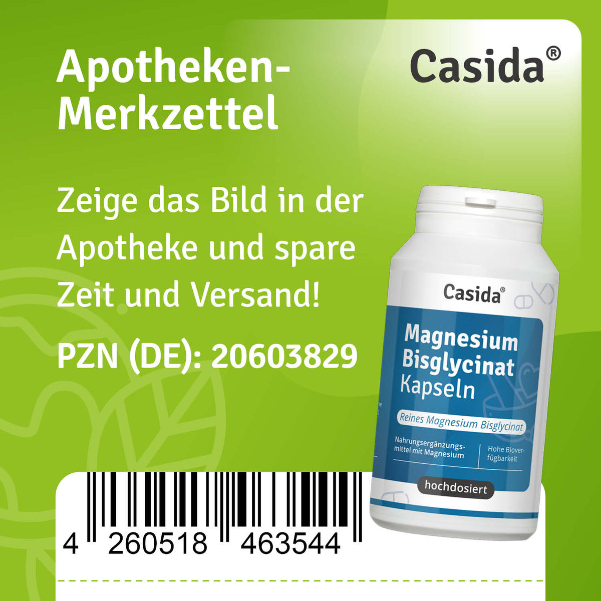 Bisglycinat magnesium capsules in a white bottle with a green label, featuring dosage information and barcode.