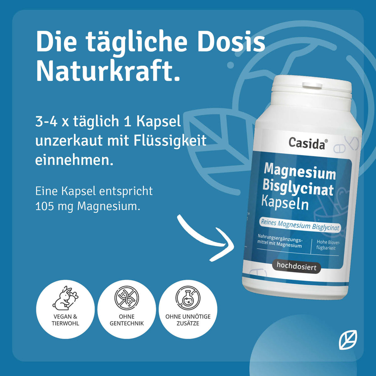 Casida magnesium bisglycinate capsules, white bottle with blue label, 120 capsules, vegan and gluten-free.