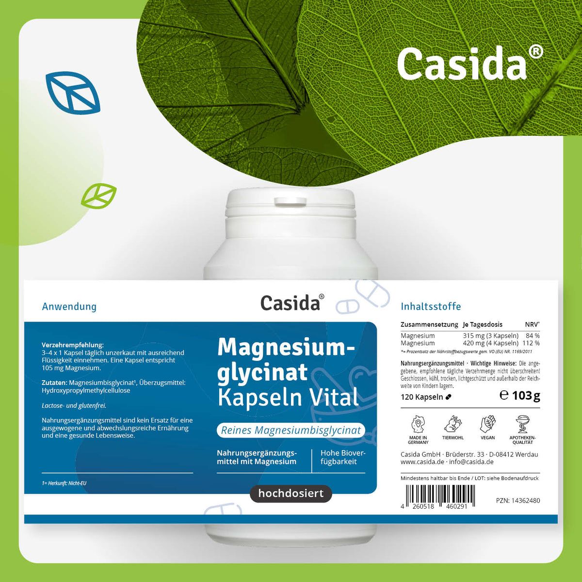 Magnesium Glycinat Kapseln Vital Etikett