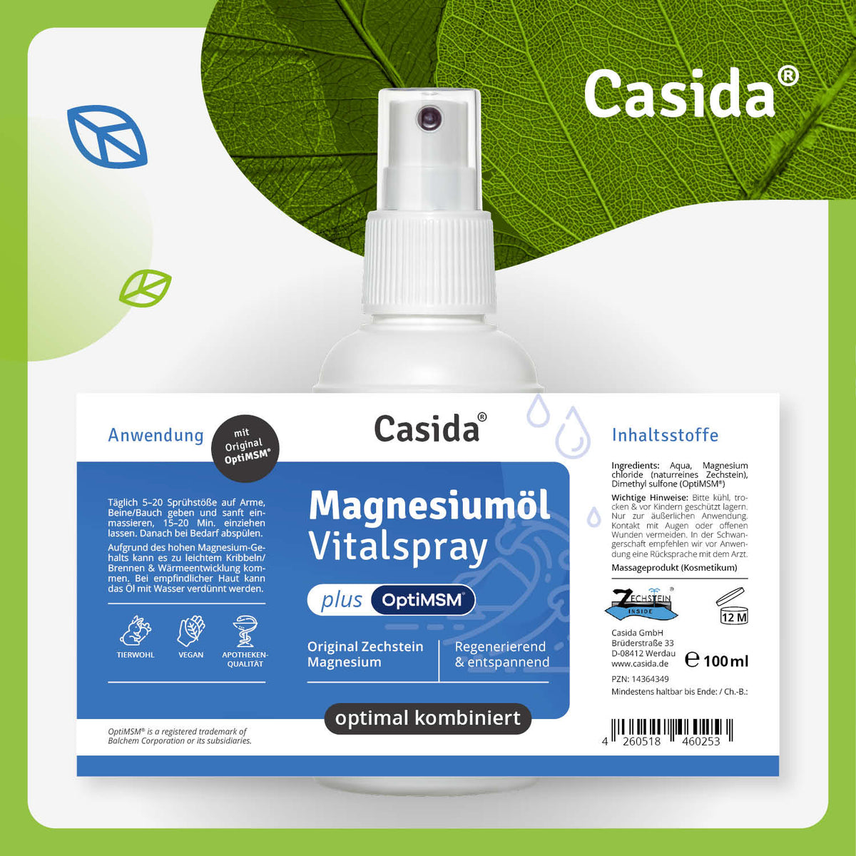 Magnesiumöl + MSM Vitalspray Etikett