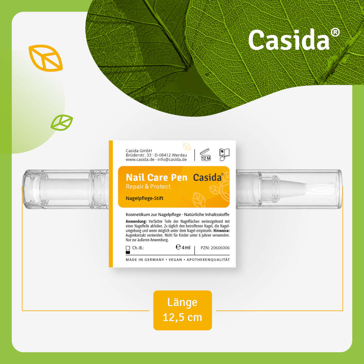 Casida Nail Care Pen mit ausgeklapptem Etikett und Längenangabe 12,5 cm