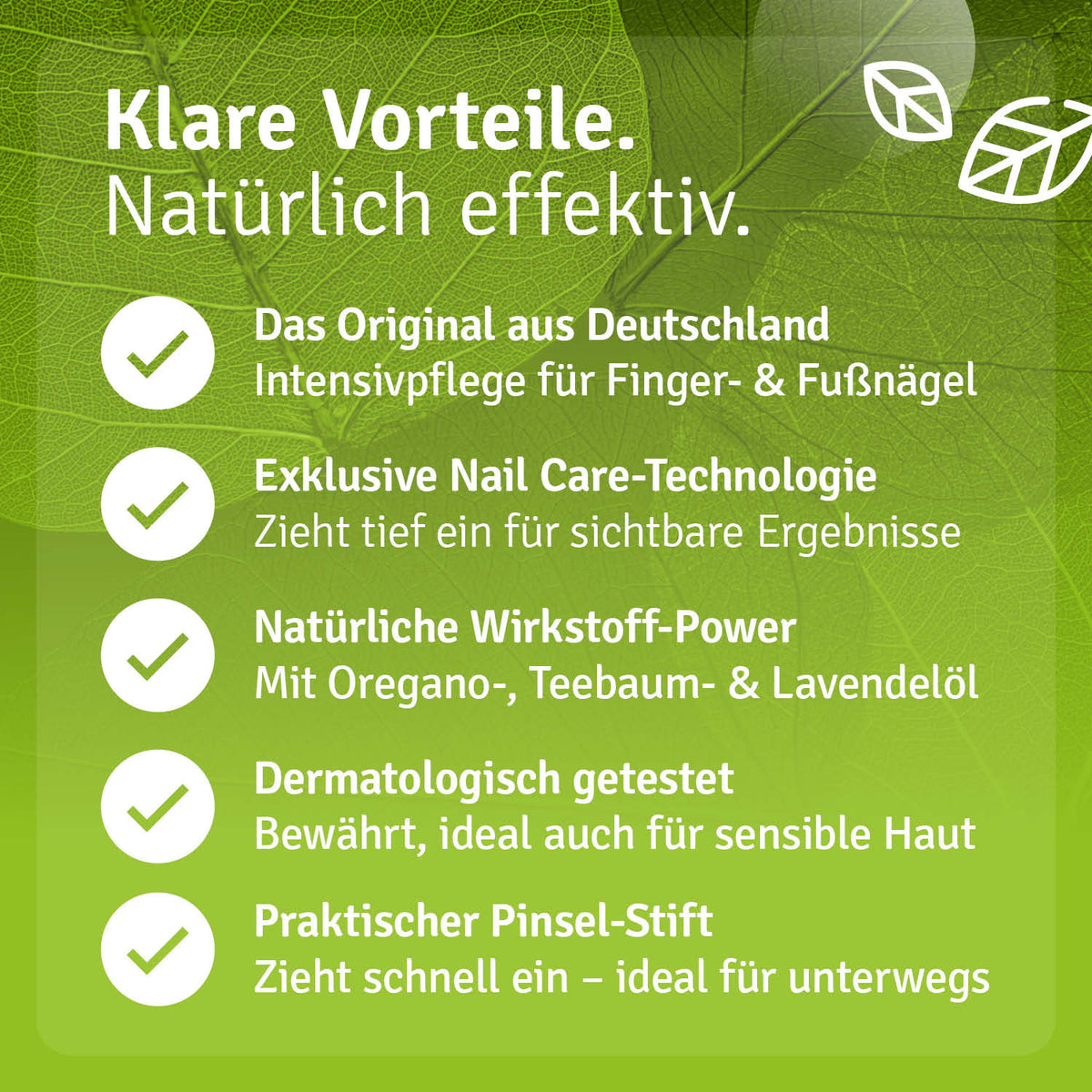 Infografik zu Casida Nail Care Pen mit Angaben zu Pflegeölen, Pinselspitze und dermatologischer Prüfung