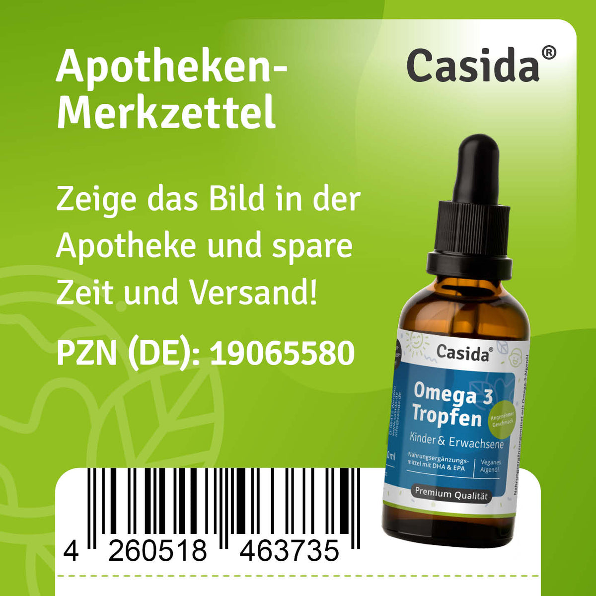 Apotheken-Merkzettel mit Casida Omega 3 Tropfen und Barcode