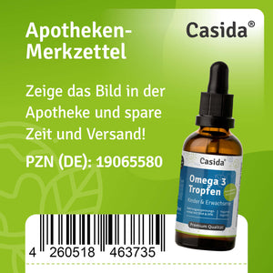 Apotheken-Merkzettel mit Casida Omega 3 Tropfen und Barcode