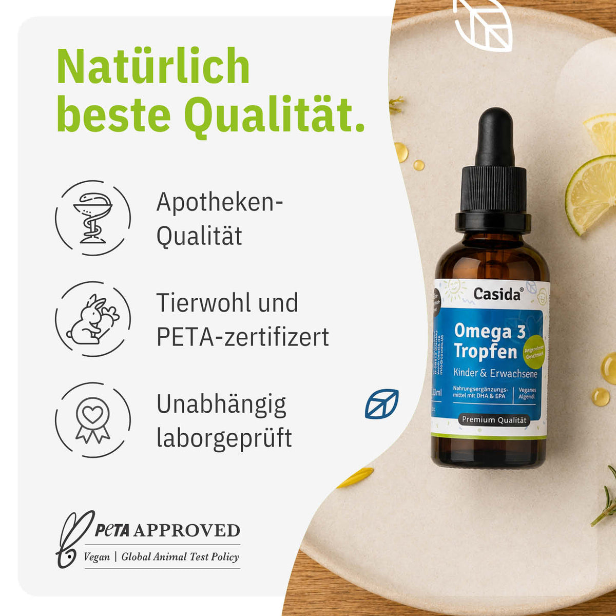 Casida Omega 3 Tropfen mit Hinweisen zu Laborprüfung und PETA-Zertifizierung