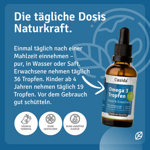 Dosierungs- und Einnahmehinweise für Casida Omega 3 Tropfen für Kinder und Erwachsene