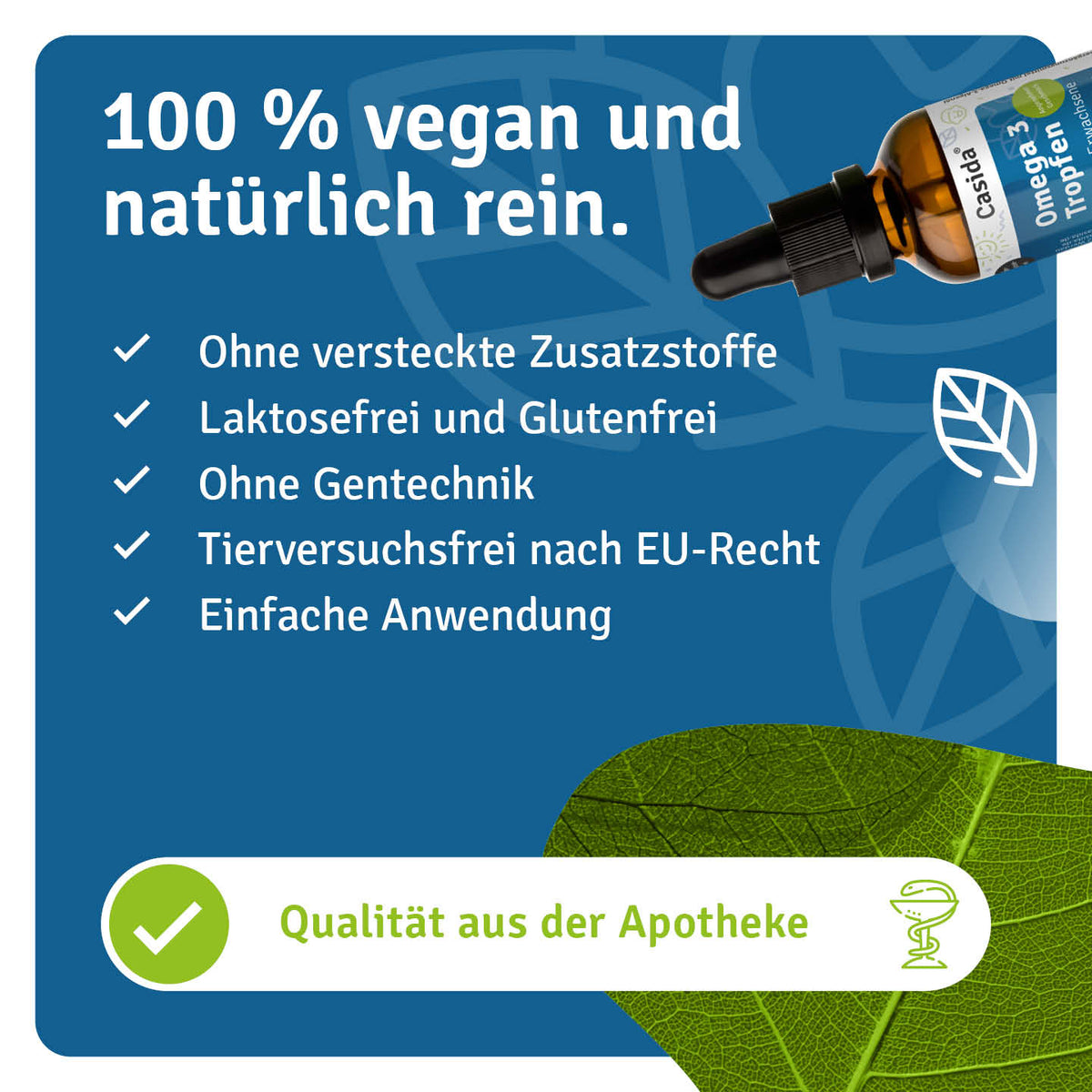 Infografik zu Casida Omega 3 Tropfen mit Angaben zur veganen Zusammensetzung