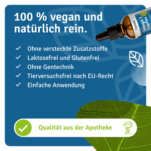 Infografik zu Casida Omega 3 Tropfen mit Angaben zur veganen Zusammensetzung
