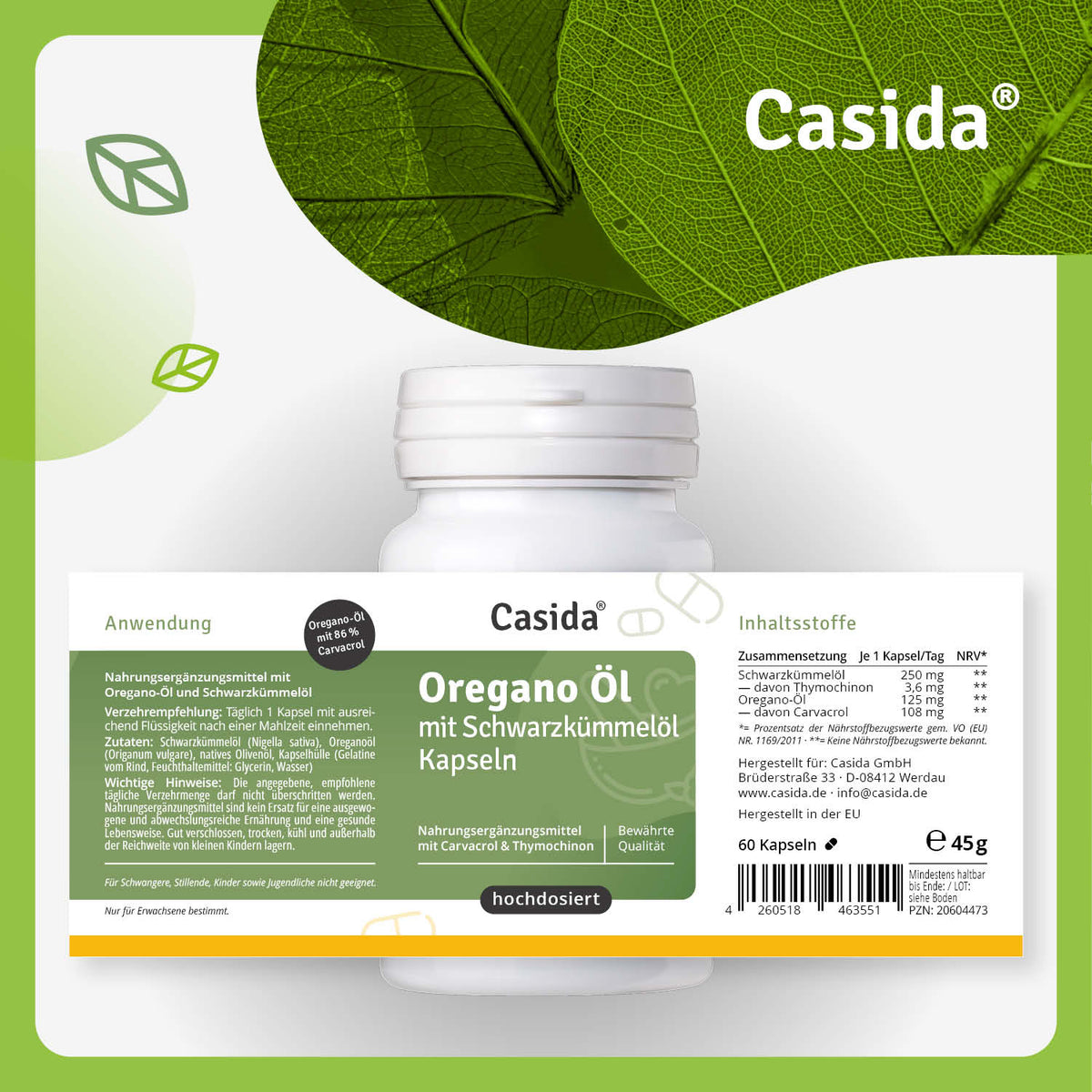 Etikett von Casida Oregano-Öl mit Schwarzkümmelöl Kapseln mit Zutaten und Einnahmehinweisen