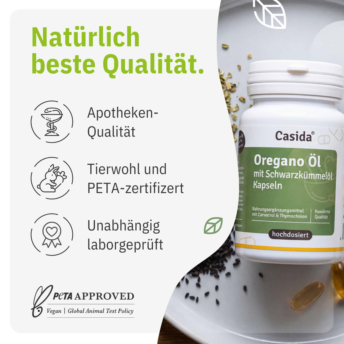 Casida Oregano-Öl mit Schwarzkümmelöl Kapseln mit Hinweisen zu Laborprüfung und PETA-Zertifizierung