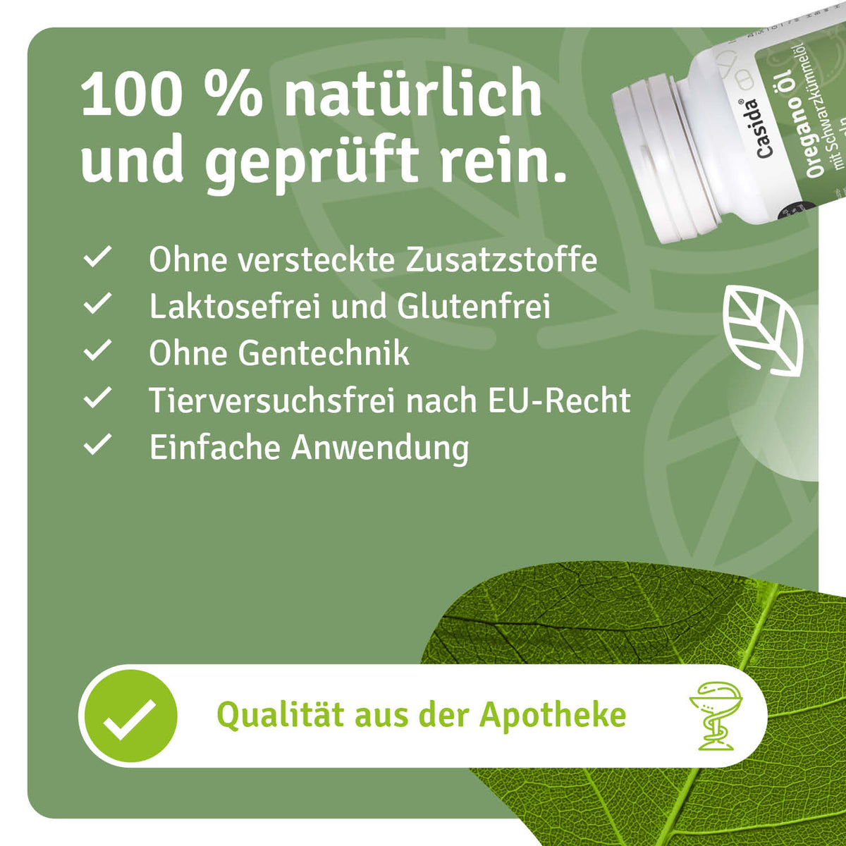 Infografik zu Casida Oregano-Öl mit Schwarzkümmelöl Kapseln und deren Zusammensetzung