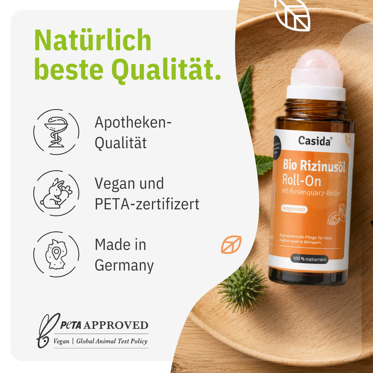 Casida Bio Rizinusöl Roll-On mit Angaben zu veganer Rezeptur und Herstellung in Deutschland
