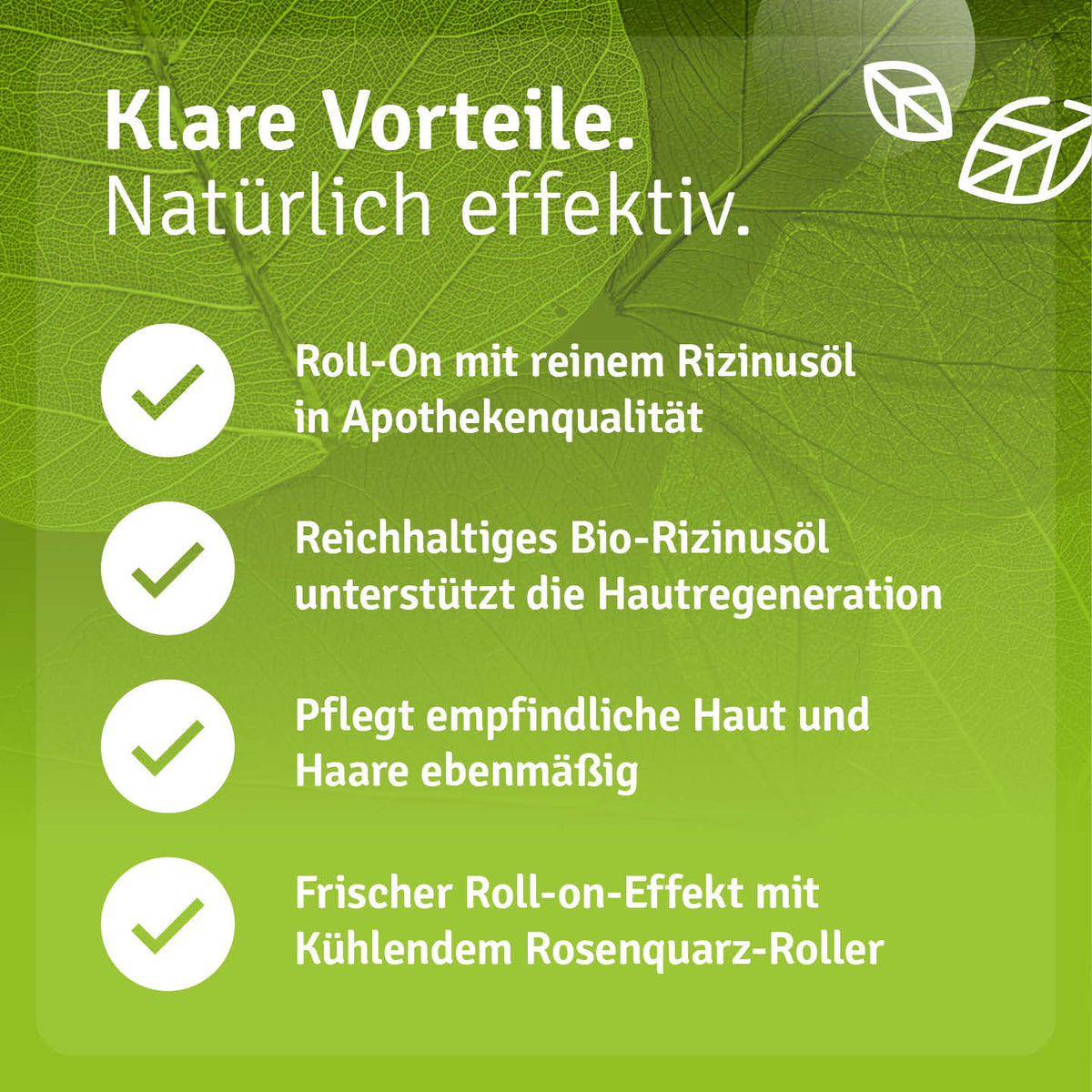 Infografik zu Casida Bio Rizinusöl Roll-On mit Rosenquarz-Roller und seinen Pflegeanwendungen