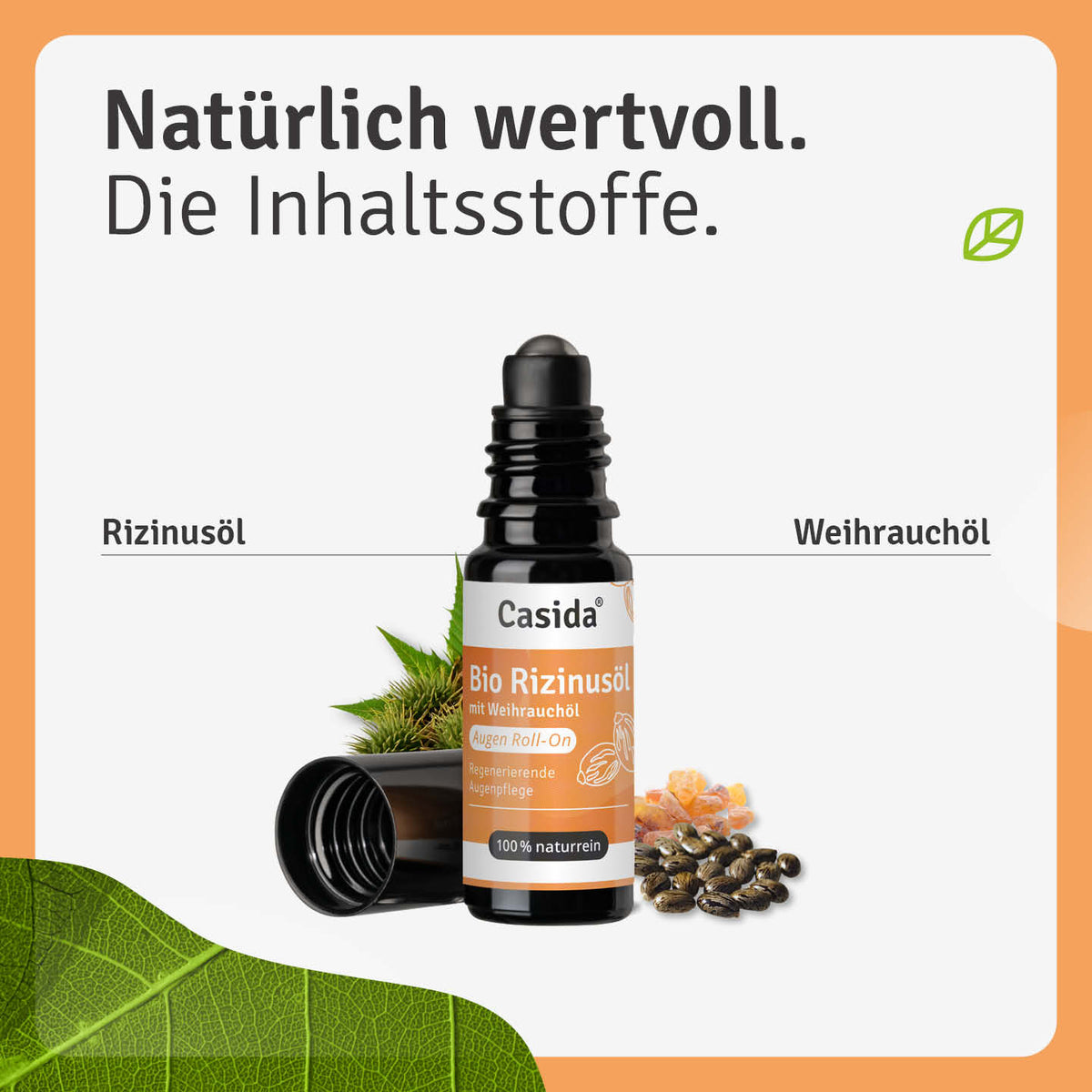 Bio Rizinusöl Augen Roll On with Weihrauchöl in a black bottle, featuring a roll-on applicator and natural ingredients.