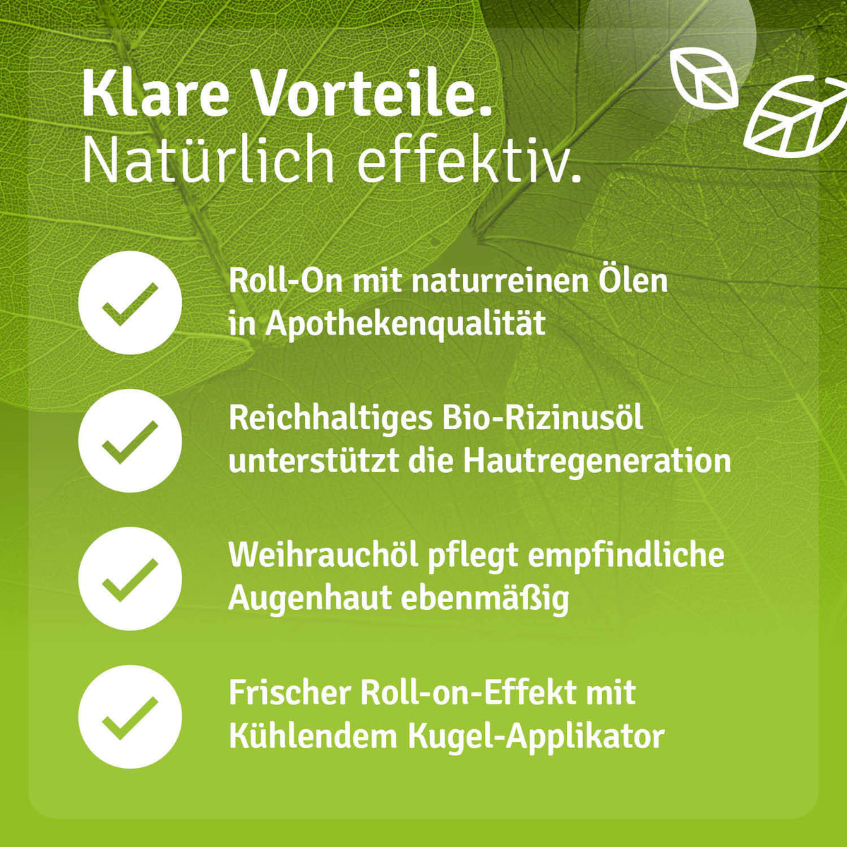 Bio Rizinusöl Augen Roll On with frankincense oil, featuring a green background and checkmark highlights.