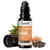 Bio castor oil roll-on with frankincense oil, featuring a black bottle and natural ingredients like castor seeds and resin.