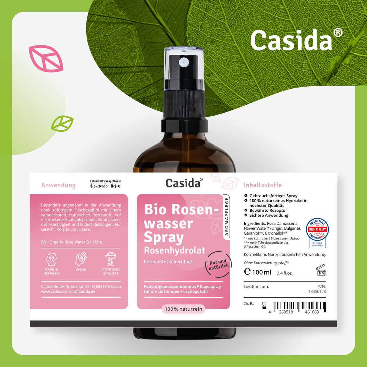 Rosenwasser Spray Bio – Rosenhydrolat Etikett